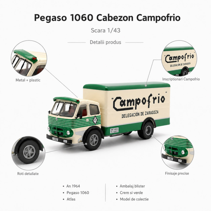 Macheta auto camion Pegaso 1060 Cabezon Campofrio Delegacion Zaragoza 1964, crem cu verde, scara 1:43, Atlas [4]