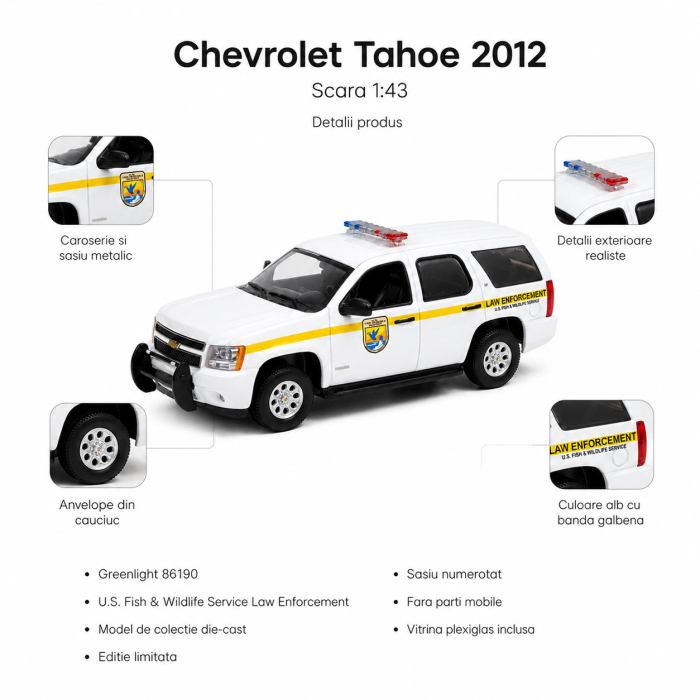Macheta auto Chevrolet Tahoe 2012 U.S. Fish & Wildlife Service Law Enforcement, alb cu galben, cu vitrina plexiglas, scara 1:43, Greenlight 86190 [4]