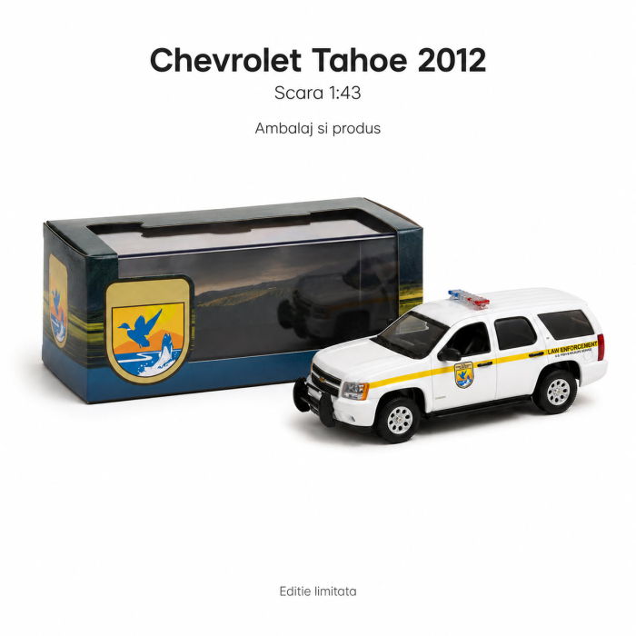Macheta auto Chevrolet Tahoe 2012 U.S. Fish & Wildlife Service Law Enforcement, alb cu galben, cu vitrina plexiglas, scara 1:43, Greenlight 86190 [2]