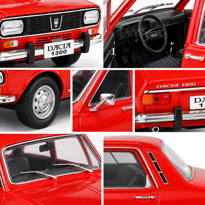 Macheta Auto Dacia 1300 1970 Rosie, Scara 1:24, Metalica, Postament Inscriptionat si Vitrina Plexiglas Premium [3]