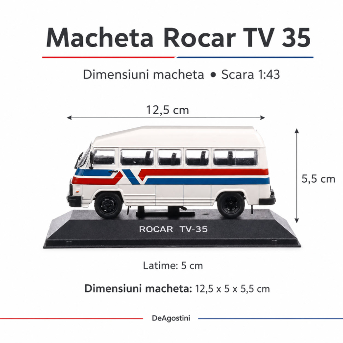 Macheta auto de colectie Rocar TV 35, alb cu dungi rosii si albastre, scara 1:43, DeAgostini [3]