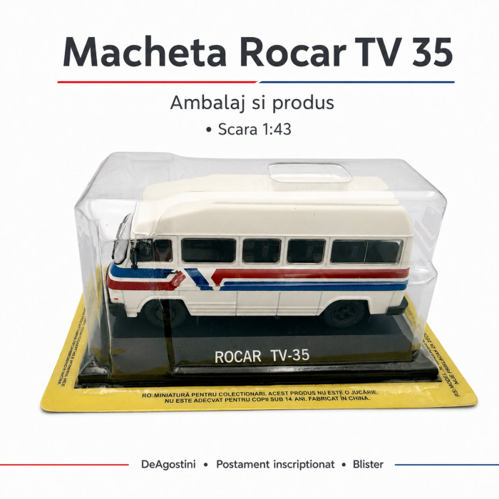 Macheta auto de colectie Rocar TV 35, alb cu dungi rosii si albastre, scara 1:43, DeAgostini [2]