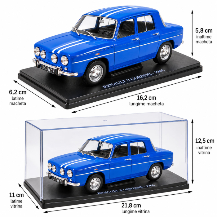Macheta Auto Renault 8 Gordini 1966 Albastra, Scara 1:24, Metalica, Postament Inscriptionat si Vitrina Plexiglas Premium [3]
