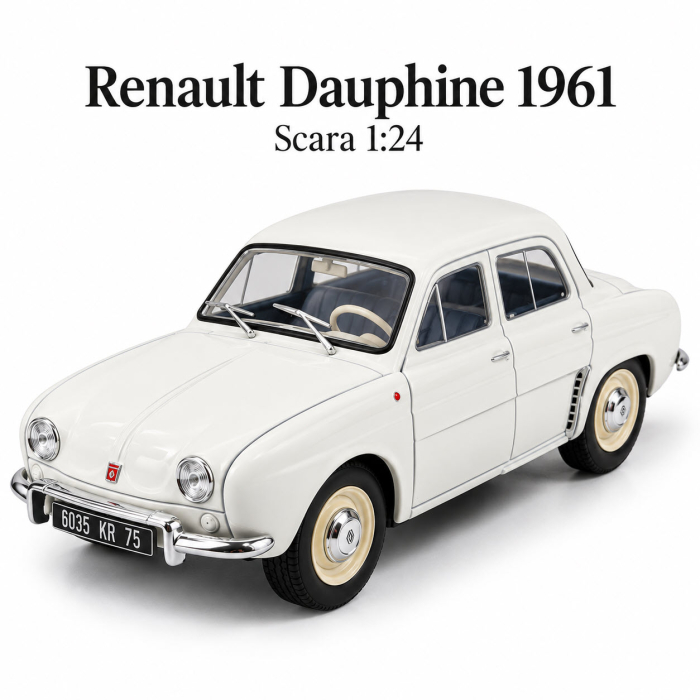 Macheta Auto Renault Dauphine 1961 Alba, Scara 1:24, cu Postament Inscriptionat si Vitrina Plexiglas Premium [2]