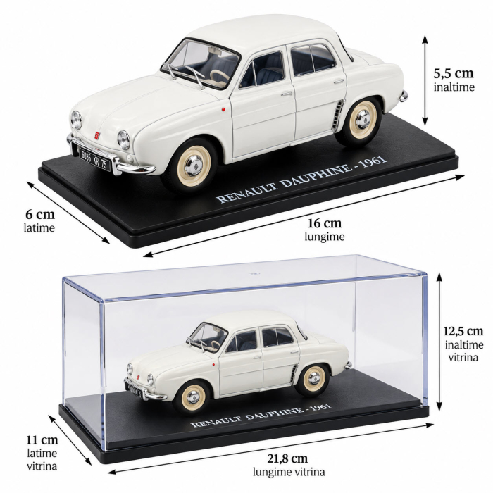 Macheta Auto Renault Dauphine 1961 Alba, Scara 1:24, cu Postament Inscriptionat si Vitrina Plexiglas Premium [3]