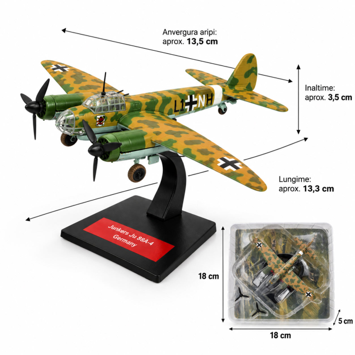 Macheta Avion Bombardier Junkers Ju 88A-4 Germania WWII, Scara 1:144, Metalica, cu Suport, Colectia Altaya [3]