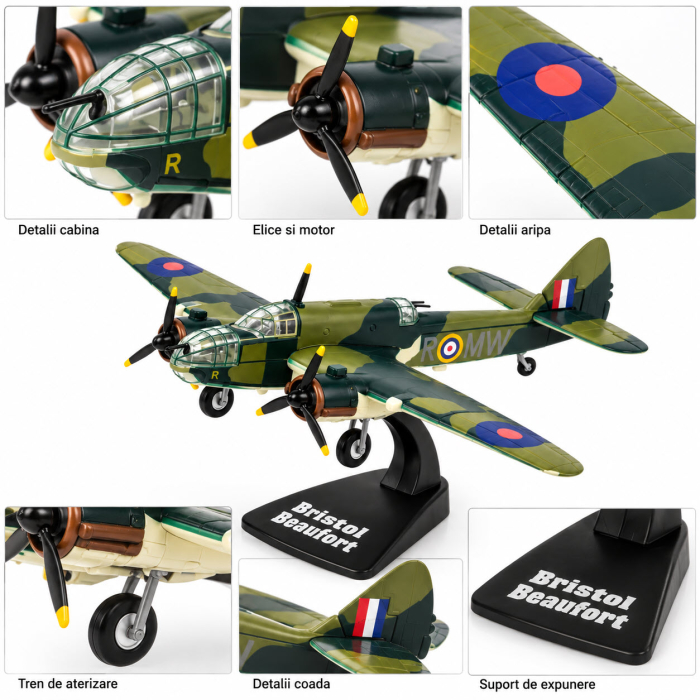 Macheta Avion Bristol Beaufort Type 152 RAF UK 1939, Scara 1:144, Metalica, cu Suport, Atlas [4]