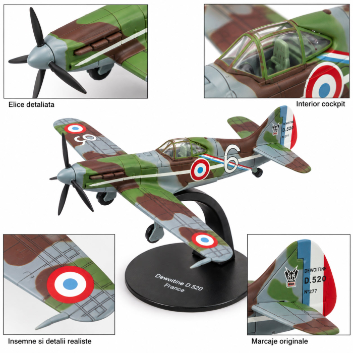 Macheta Avion de Vanatoare Dewoitine D.520 N277 Pierre Le Gloan Franta 1940, Scara 1:72, Metalica, cu Suport, Altaya [4]