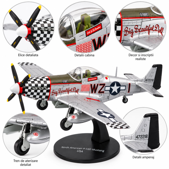 Macheta Avion de Vanatoare P-51D Mustang "Big Beautiful Doll" WWII USA, Scara 1:72, Metalica, cu Suport, Altaya [4]