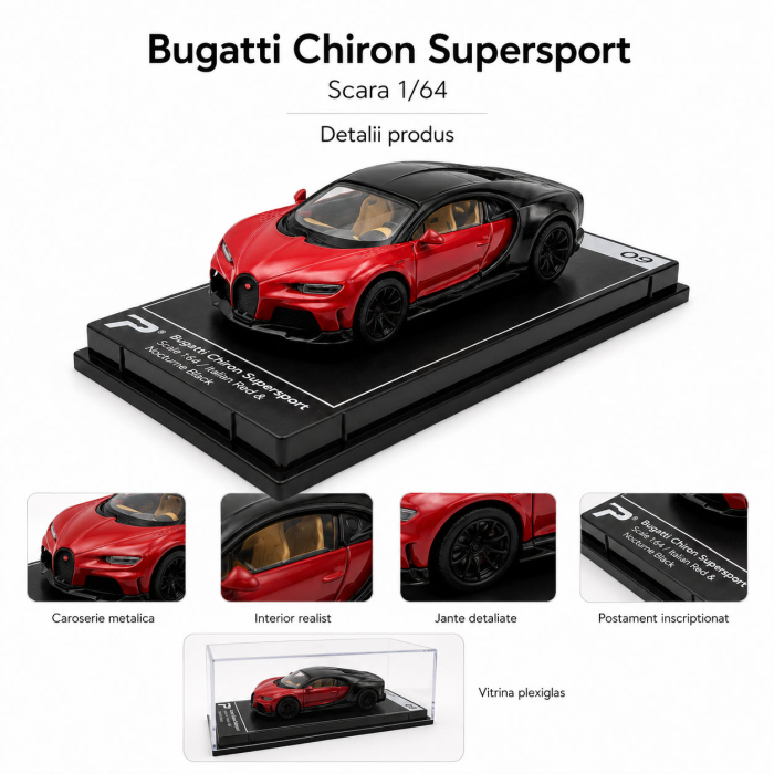Macheta Bugatti Chiron Supersport rosu cu negru, scara 1:64, Kinsmart, vitrina plexiglas [4]