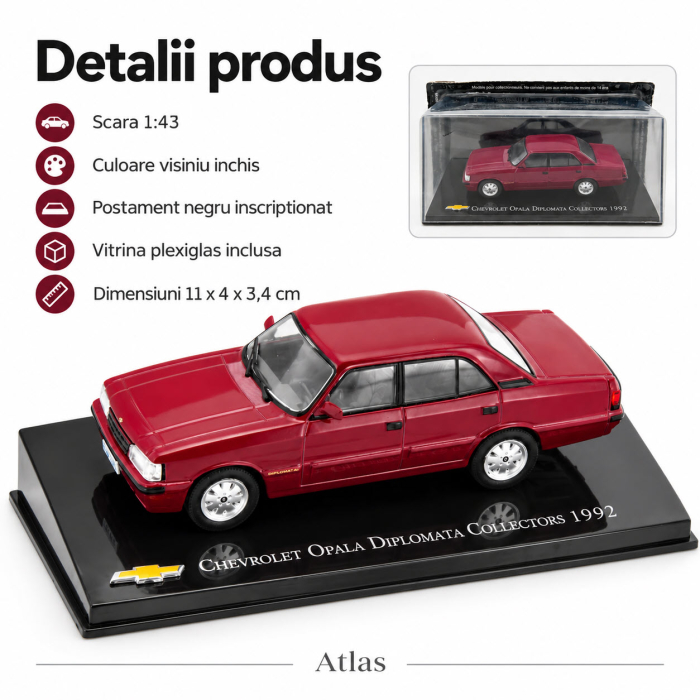 Macheta Chevrolet Opala Diplomata Collectors 1992, visiniu, scara 1:43, Atlas, cu vitrina plexiglas [5]