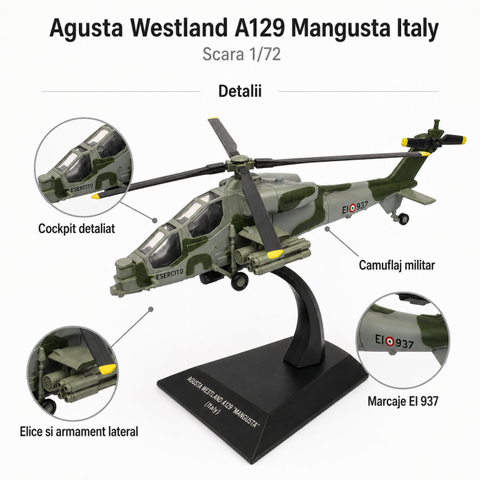 Macheta elicopter militar Agusta Westland A129 Mangusta Italy, scara 1:72, verde camuflaj, cu suport de expunere [3]