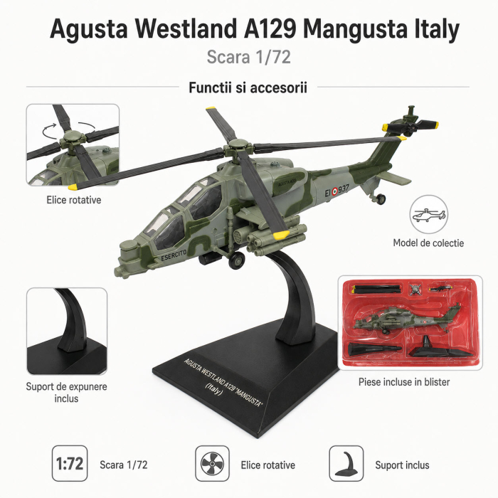 Macheta elicopter militar Agusta Westland A129 Mangusta Italy, scara 1:72, verde camuflaj, cu suport de expunere [4]