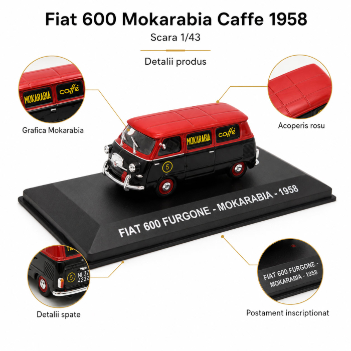 Macheta Fiat 600 Furgone Mokarabia Caffe 1958, rosu cu negru, cu vitrina plexiglas, scara 1:43 [4]