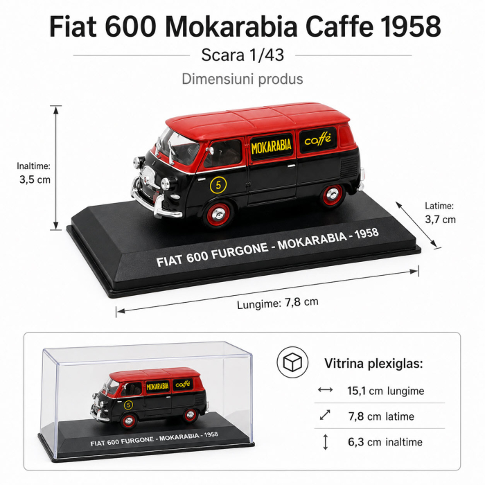 Macheta Fiat 600 Furgone Mokarabia Caffe 1958, rosu cu negru, cu vitrina plexiglas, scara 1:43 [3]
