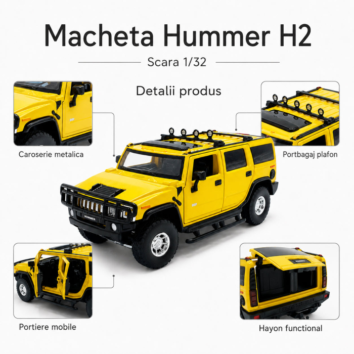Macheta Hummer H2 galbena, cu lumini, sunet si pullback, scara 1:32 [4]
