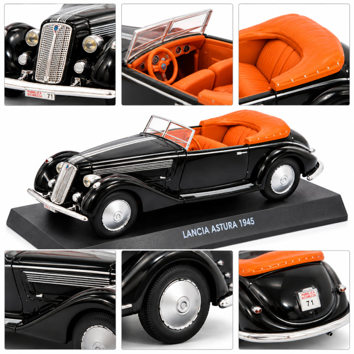Macheta Lancia Astura Cabriolet 1945 neagra cu interior portocaliu, scara 1:43, DeAgostini [4]