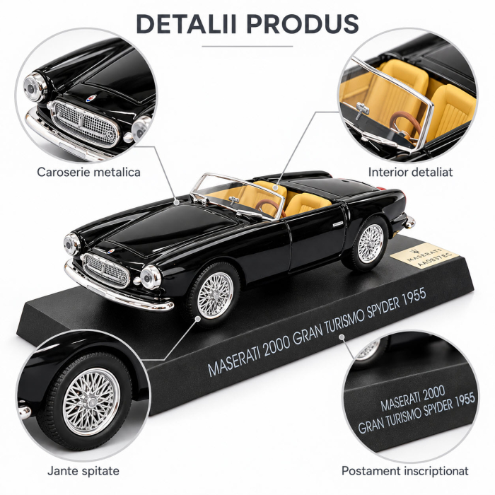 Macheta Maserati 2000 Gran Turismo Spyder 1955 Neagra, Scara 1:43, DeAgostini [3]