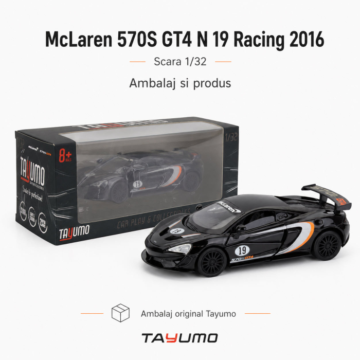 Macheta McLaren 570S GT4 N 19 Racing 2016, negru, cu lumini, sunet si pullback, scara 1:32 [4]