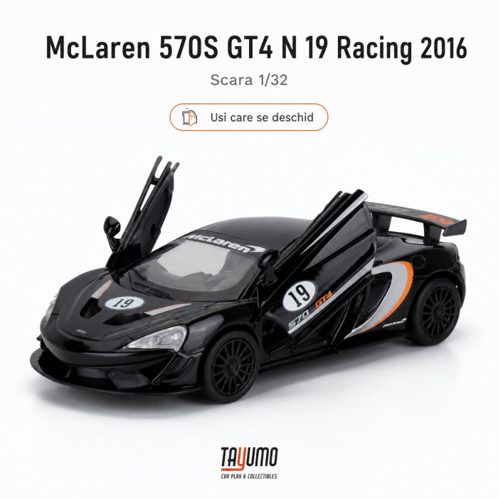 Macheta McLaren 570S GT4 N 19 Racing 2016, negru, cu lumini, sunet si pullback, scara 1:32 [2]