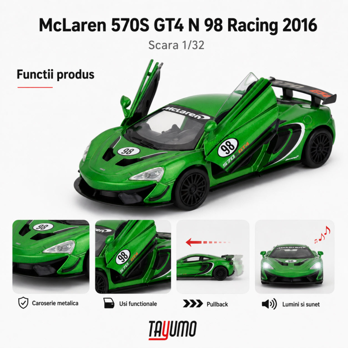 Macheta McLaren 570S GT4 N 98 Racing 2016, verde, cu lumini, sunet si pullback, scara 1:32 [5]