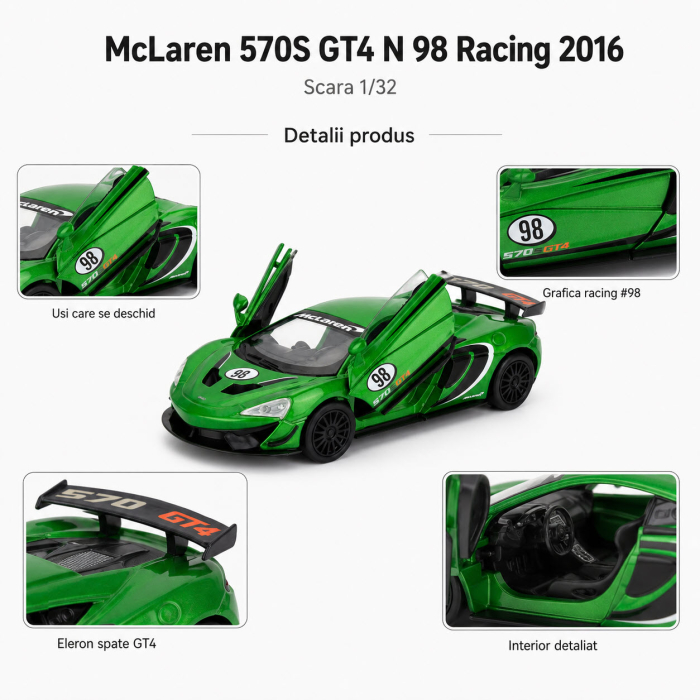 Macheta McLaren 570S GT4 N 98 Racing 2016, verde, cu lumini, sunet si pullback, scara 1:32 [4]