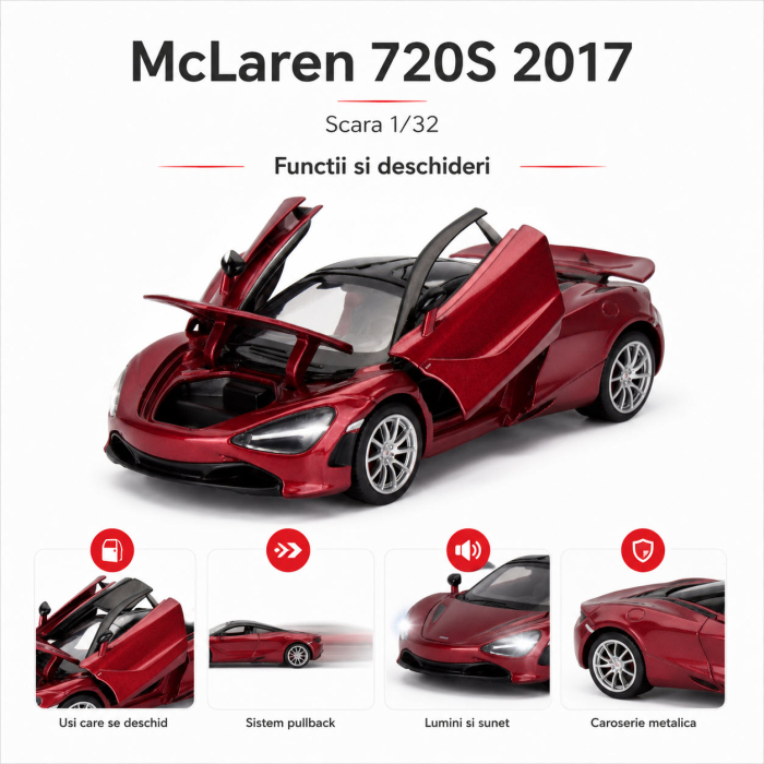Macheta McLaren 720S 2017 visiniu, cu lumini, sunet si pullback, scara 1:32 [5]