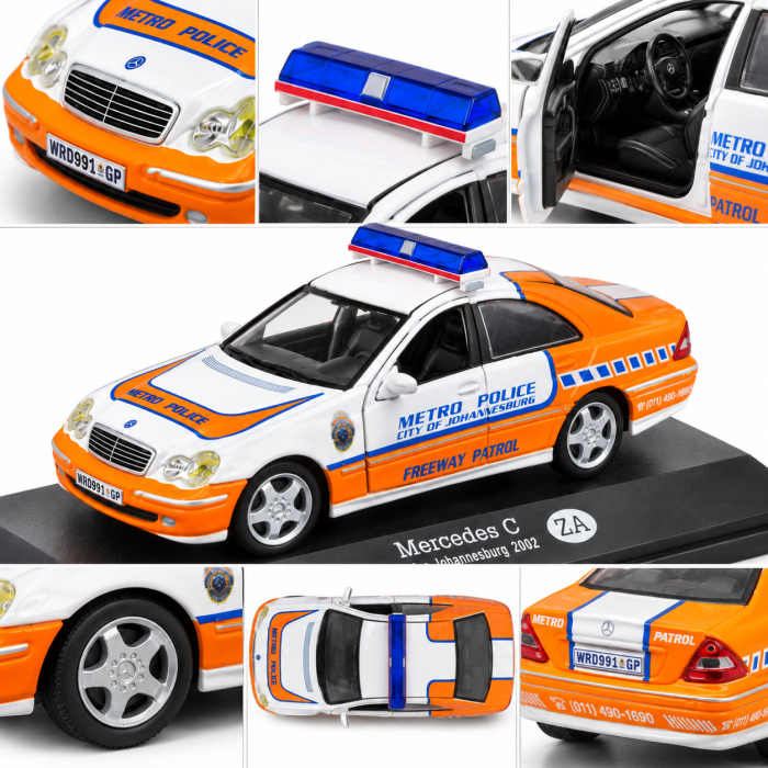 Macheta Mercedes C 2002 Police Johannesburg Africa de Sud, alb-portocaliu, scara 1:43, DeAgostini [4]
