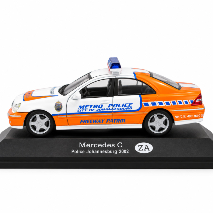 Macheta Mercedes C 2002 Police Johannesburg Africa de Sud, alb-portocaliu, scara 1:43, DeAgostini [7]