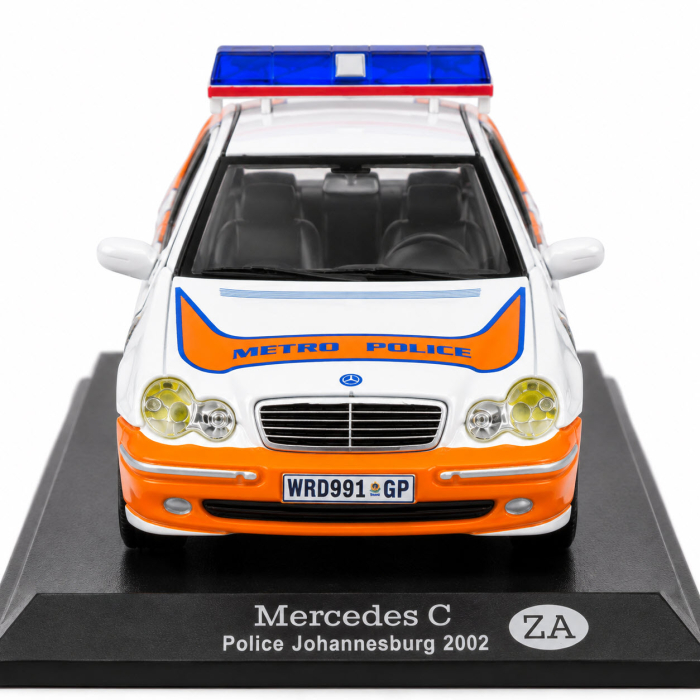 Macheta Mercedes C 2002 Police Johannesburg Africa de Sud, alb-portocaliu, scara 1:43, DeAgostini [5]