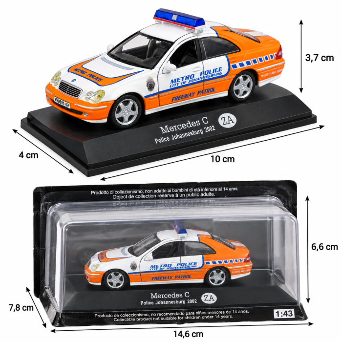 Macheta Mercedes C 2002 Police Johannesburg Africa de Sud, alb-portocaliu, scara 1:43, DeAgostini [3]
