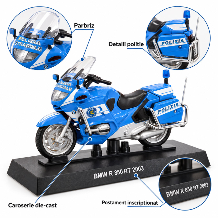 Macheta motocicleta BMW R 850 RT 2003 Polizia Italia, albastra, scara 1:24, Atlas [4]