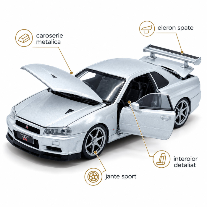 Macheta Nissan GT-R R34 V-Spec II argintiu, cu lumini, sunet si pull-back, scara 1:32, Tayumo [3]