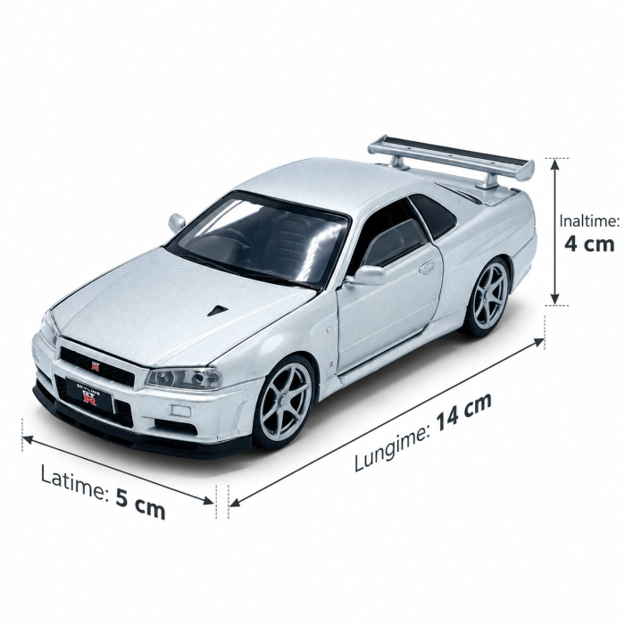 Macheta Nissan GT-R R34 V-Spec II argintiu, cu lumini, sunet si pull-back, scara 1:32, Tayumo [2]