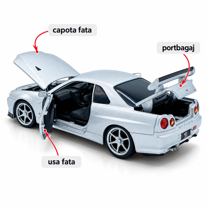 Macheta Nissan GT-R R34 V-Spec II argintiu, cu lumini, sunet si pull-back, scara 1:32, Tayumo [5]