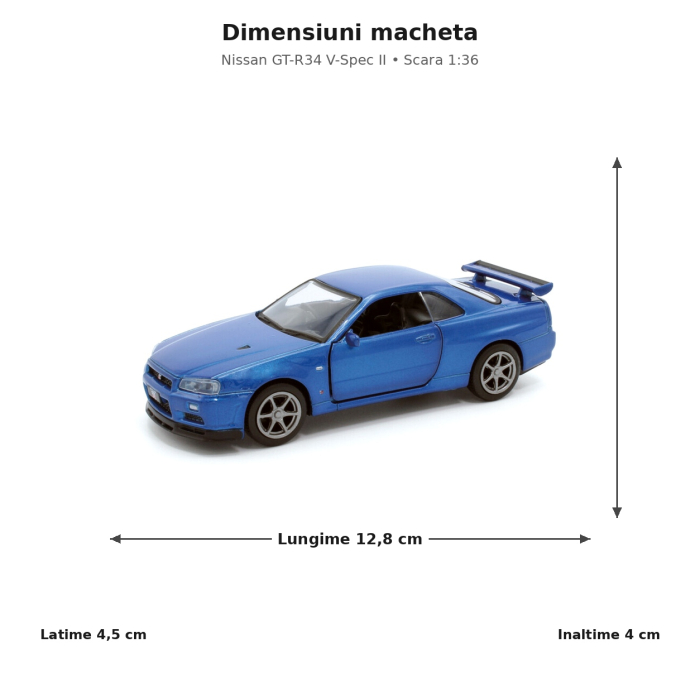 Macheta Nissan GT-R34 V-Spec II albastru, scara 1:36, Tayumo [2]