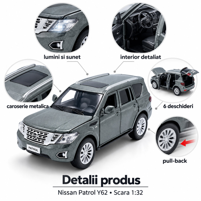 Macheta Nissan Patrol Y62 Gri, Lumini, Sunet si Pull-Back, Scara 1:32, Tayumo [4]