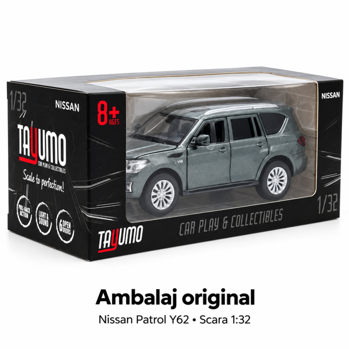Macheta Nissan Patrol Y62 Gri, Lumini, Sunet si Pull-Back, Scara 1:32, Tayumo [6]