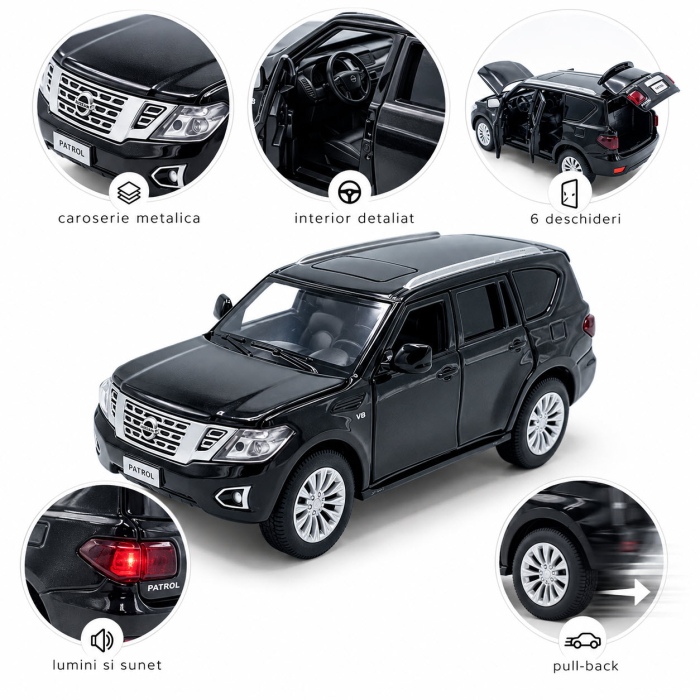 Macheta Nissan Patrol Y62 negru, lumini, sunet si pull-back, scara 1:32, Tayumo [4]