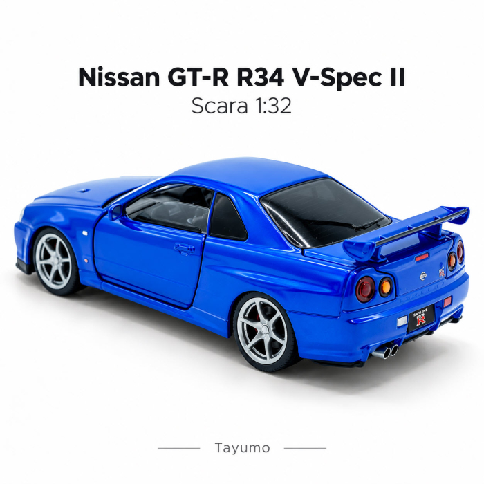 Macheta Nissan Skyline GT-R R34 V-Spec Albastru, Lumini, Sunet si Pull-Back, Scara 1:32, Tayumo [5]