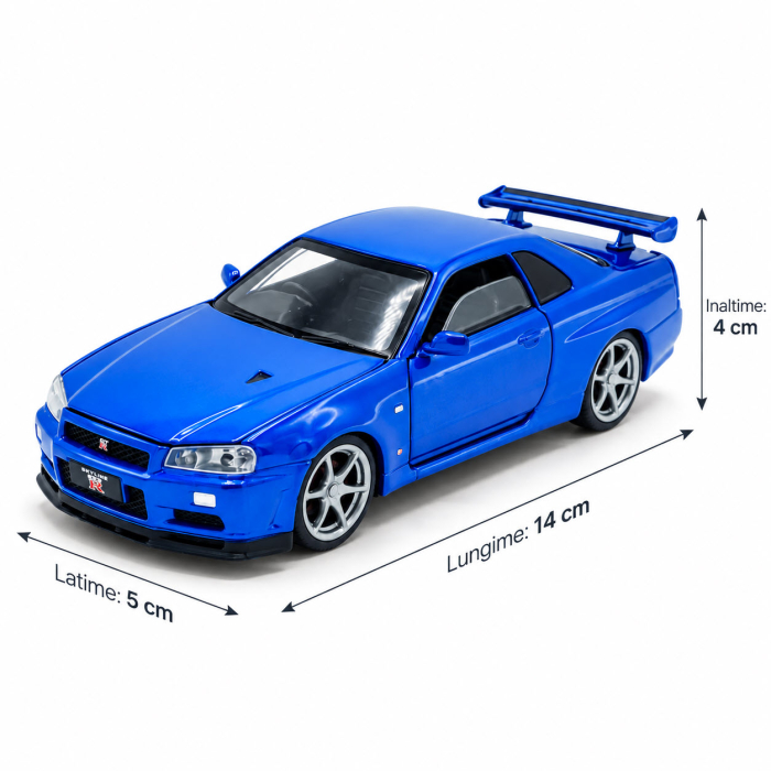 Macheta Nissan Skyline GT-R R34 V-Spec Albastru, Lumini, Sunet si Pull-Back, Scara 1:32, Tayumo [3]
