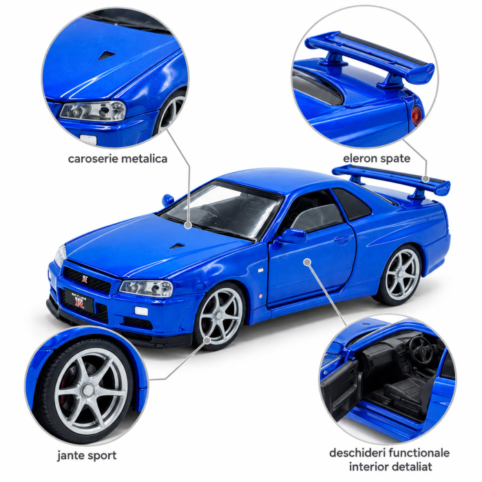 Macheta Nissan Skyline GT-R R34 V-Spec Albastru, Lumini, Sunet si Pull-Back, Scara 1:32, Tayumo [4]