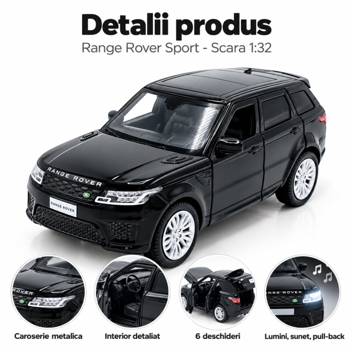 Macheta Range Rover Sport negru, lumini, sunet si pull-back, scara 1:32, Tayumo [4]