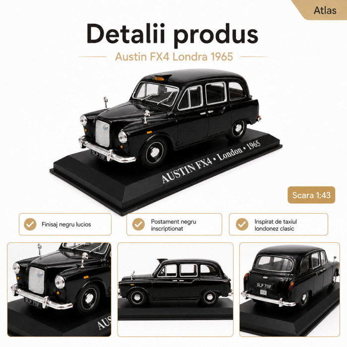 Macheta Taxi Austin FX4 Londra 1965, negru lucios, scara 1:43, Atlas [3]