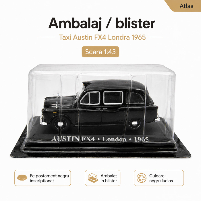 Macheta Taxi Austin FX4 Londra 1965, negru lucios, scara 1:43, Atlas [4]