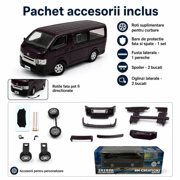 Macheta Toyota Hiace KDV200V 2015 bordo inchis + pachet accesorii 1:64 BM Creations [4]