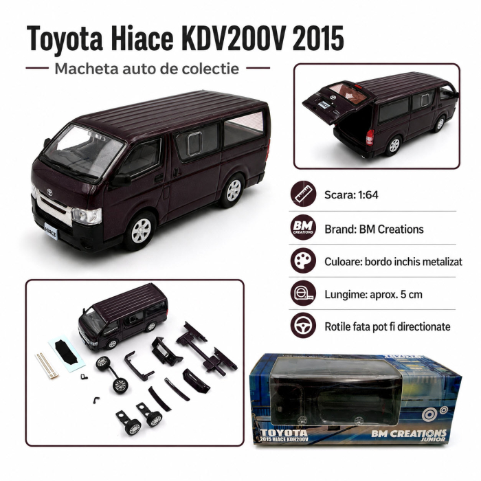 Macheta Toyota Hiace KDV200V 2015 bordo inchis + pachet accesorii 1:64 BM Creations [3]