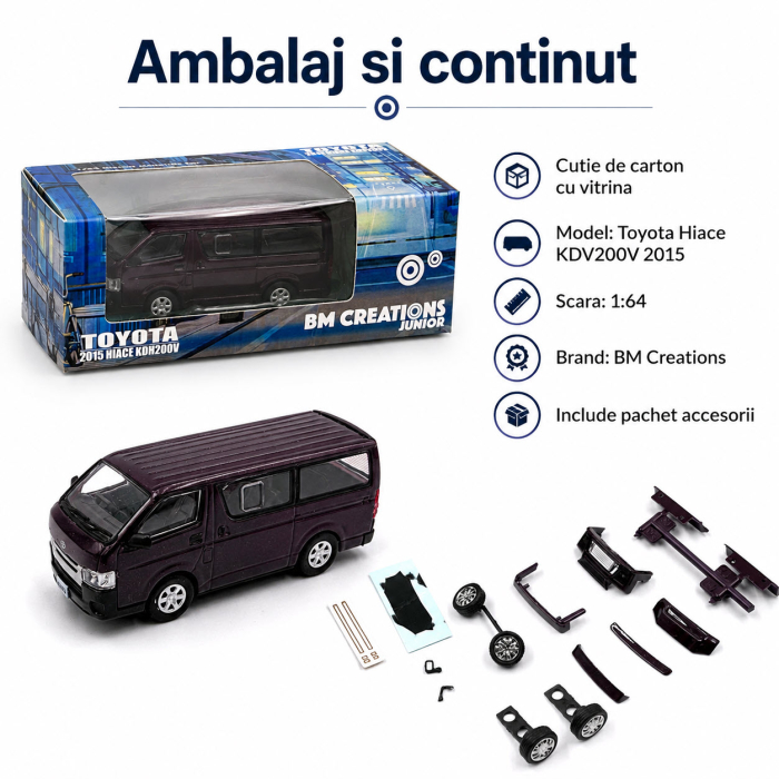Macheta Toyota Hiace KDV200V 2015 bordo inchis + pachet accesorii 1:64 BM Creations [5]