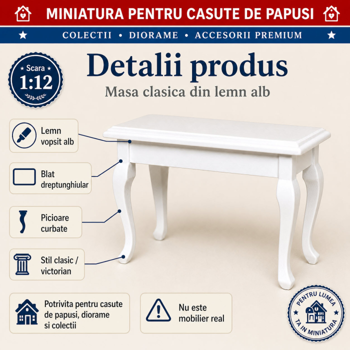 Masa clasica din lemn alb, miniatura 1:12 pentru casute de papusi [3]
