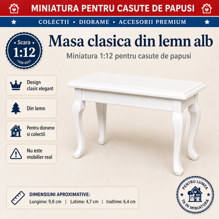 Masa clasica din lemn alb, miniatura 1:12 pentru casute de papusi [2]